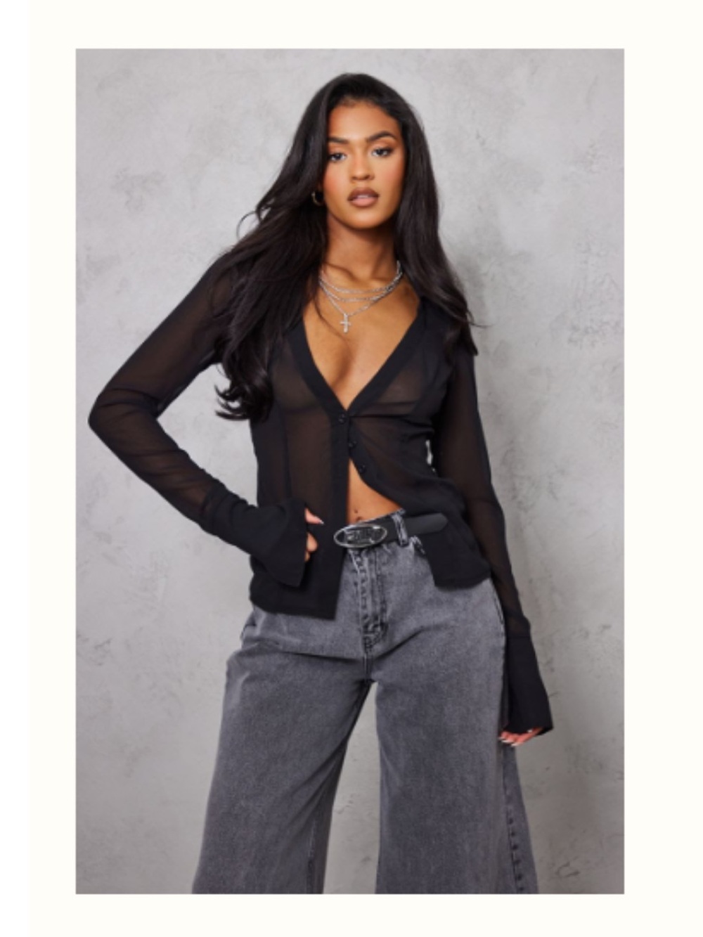 PLT Sheer Black Button-Front Long Sleeve Top